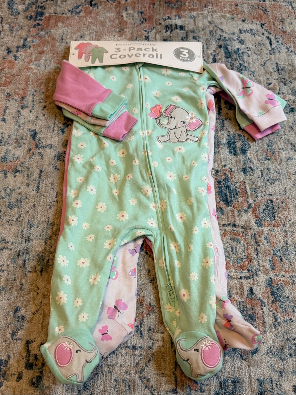 3-Pack Kids Coverall - Mint & Pink Elephant Print